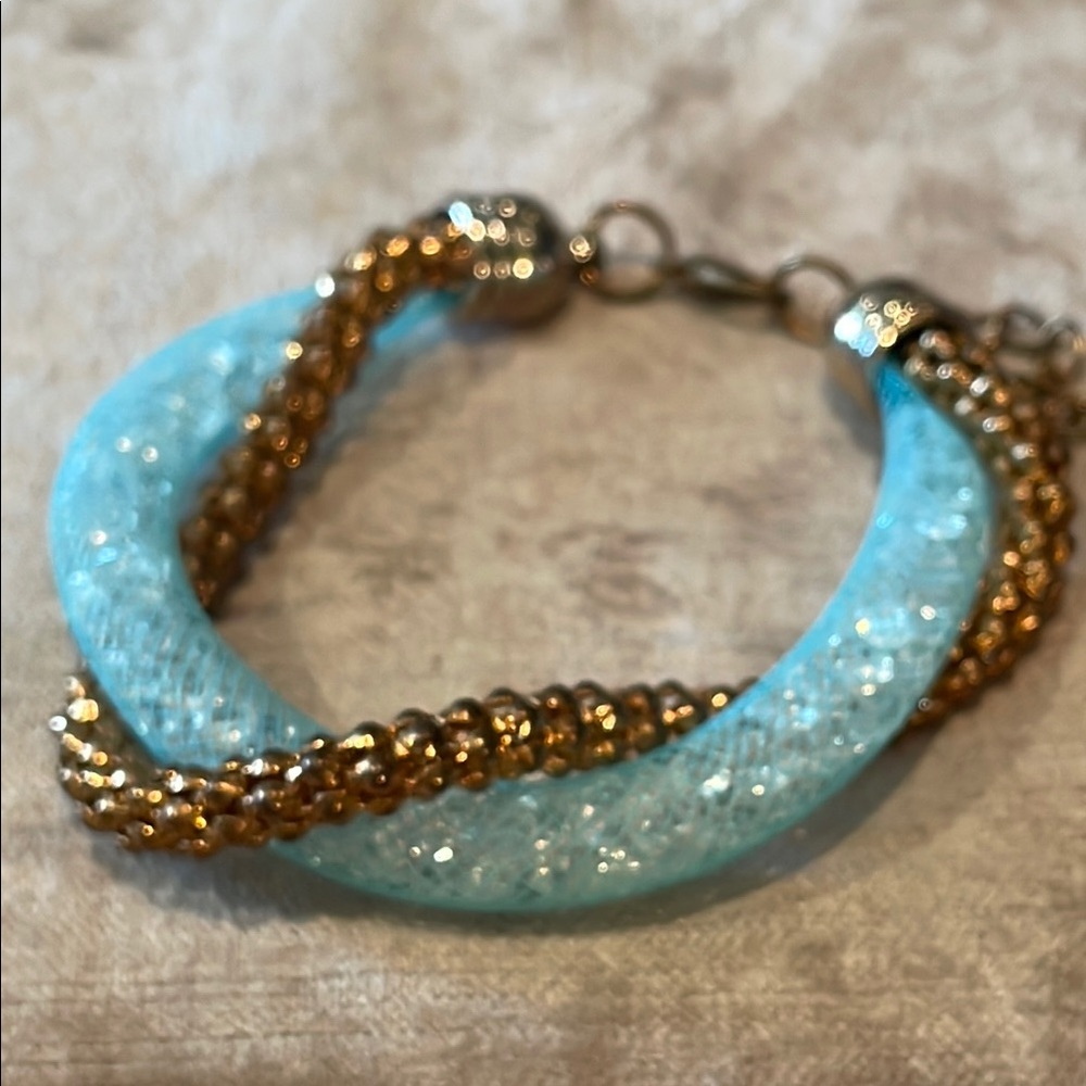 Gold Chain and Blue Mesh Crystal Beaded Bracelet size 7.5-9”